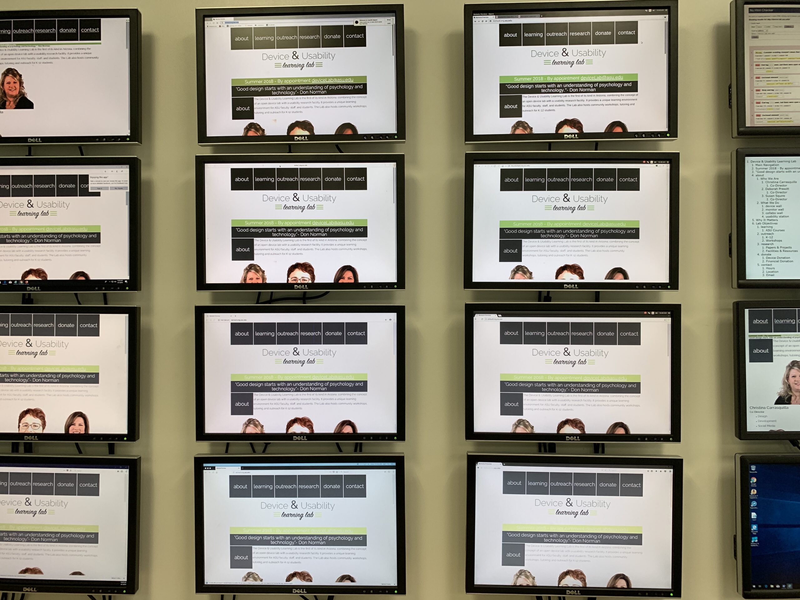 the monitor wall in the lab includes 16 monitors with mac, windows, and linux operating systems running multiple browsers each for testing